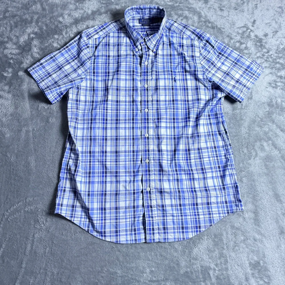 Polo‎ Ralph Lauren Mens LG Classic Fit Performance Plaid Short Sleeve Shirt Blue